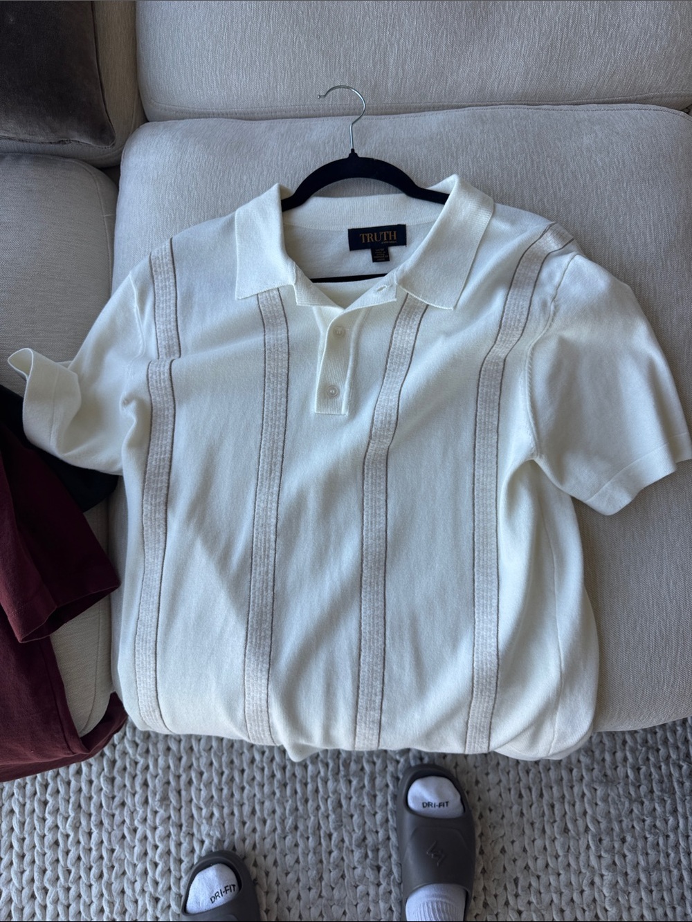 Truth Knit Polo in White with Beige Vertical Accents